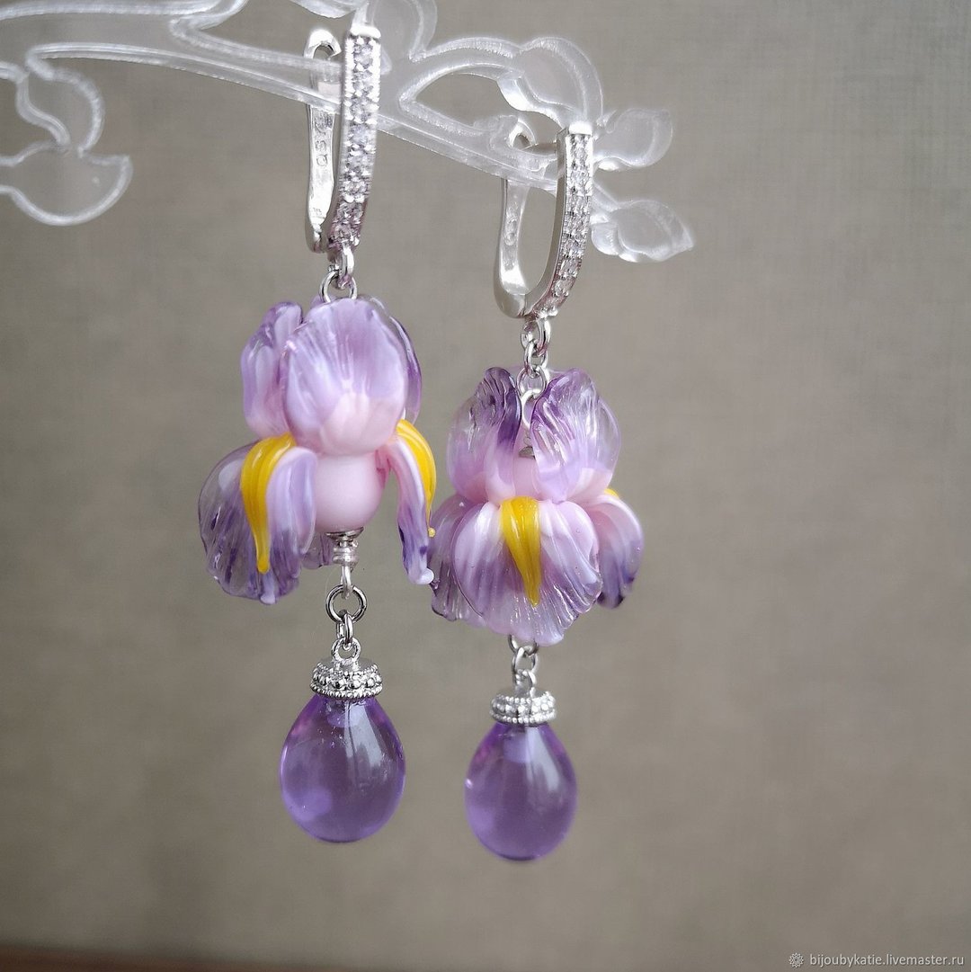 blossom earrings, Iris flower earrings - 耳环/耳夹 - 玻璃 紫色