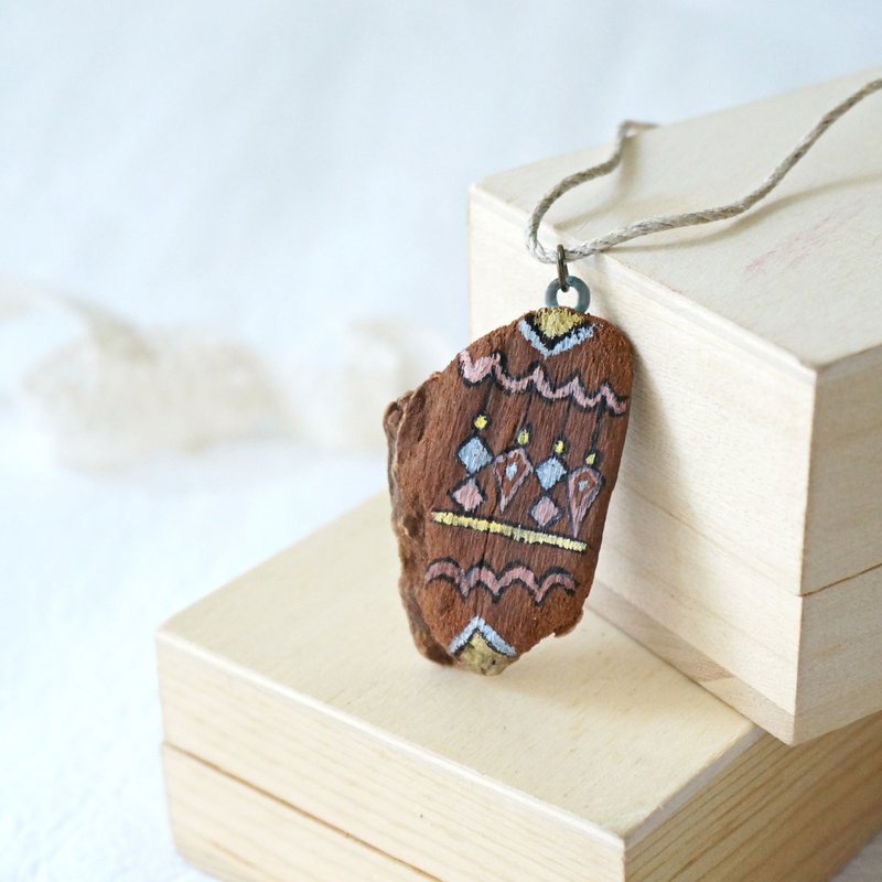 木块 自然 手绘图案 项链 颈链 Upcycling 升级再造 环保 - 蓝、粉、黄 - 颈链 - 木头 咖啡色