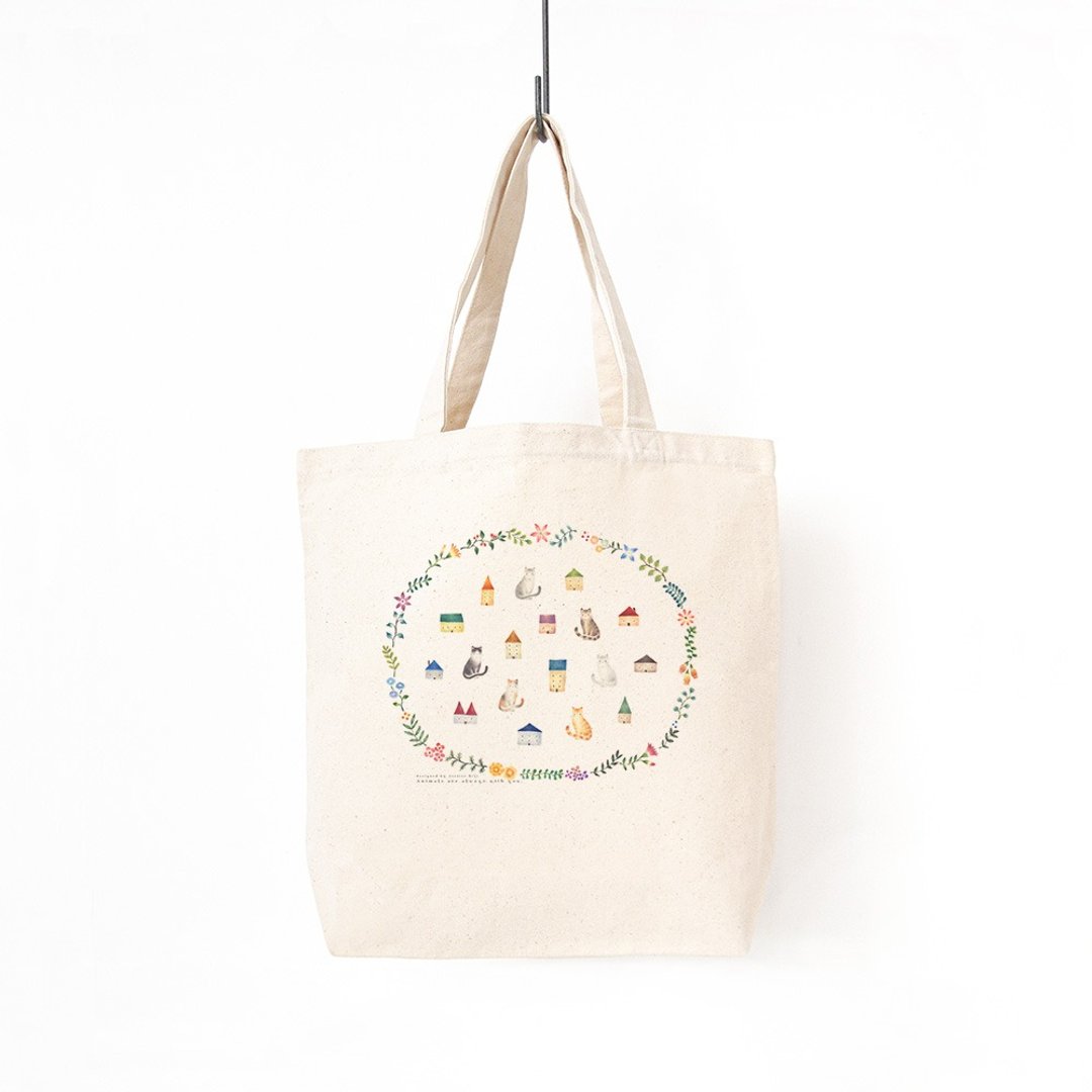 Walk together. A4 size can be stored. Tote bag "Cat and small house garden" TB-91 - 手提包/手提袋 - 棉．麻 卡其色