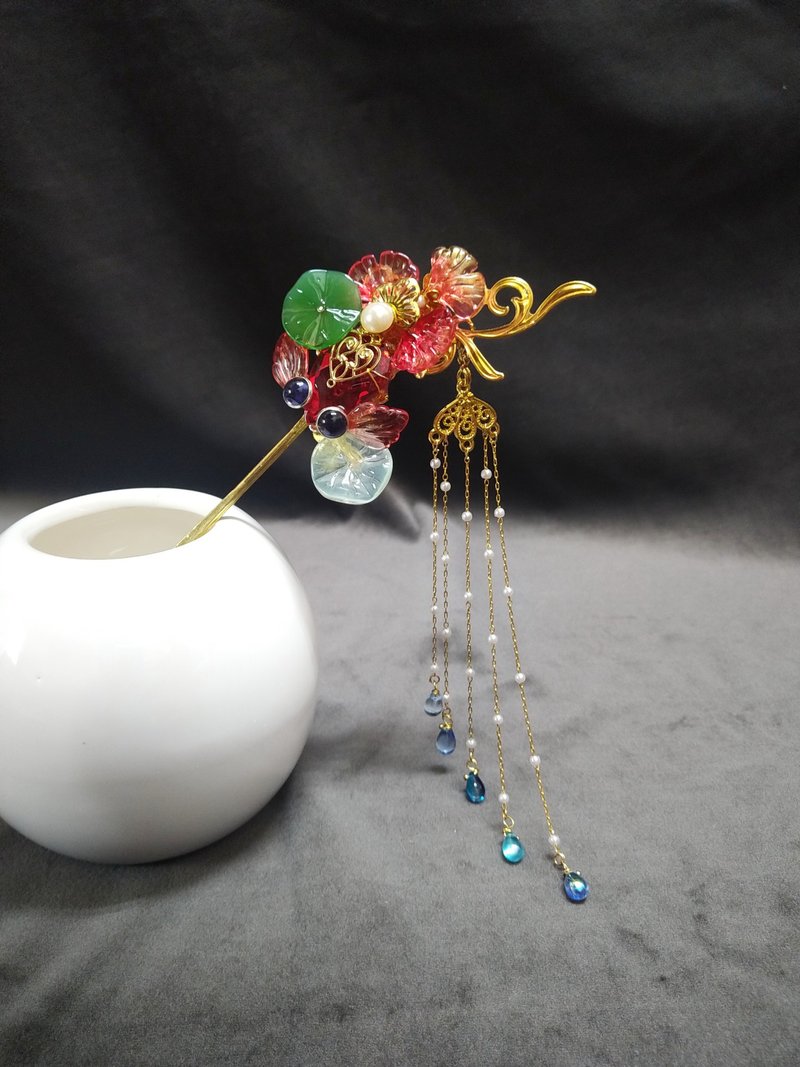 小金鱼系列【荷叶款】~单支发簪 ( 附可拆式流苏 ) - 发饰 - 琉璃 红色