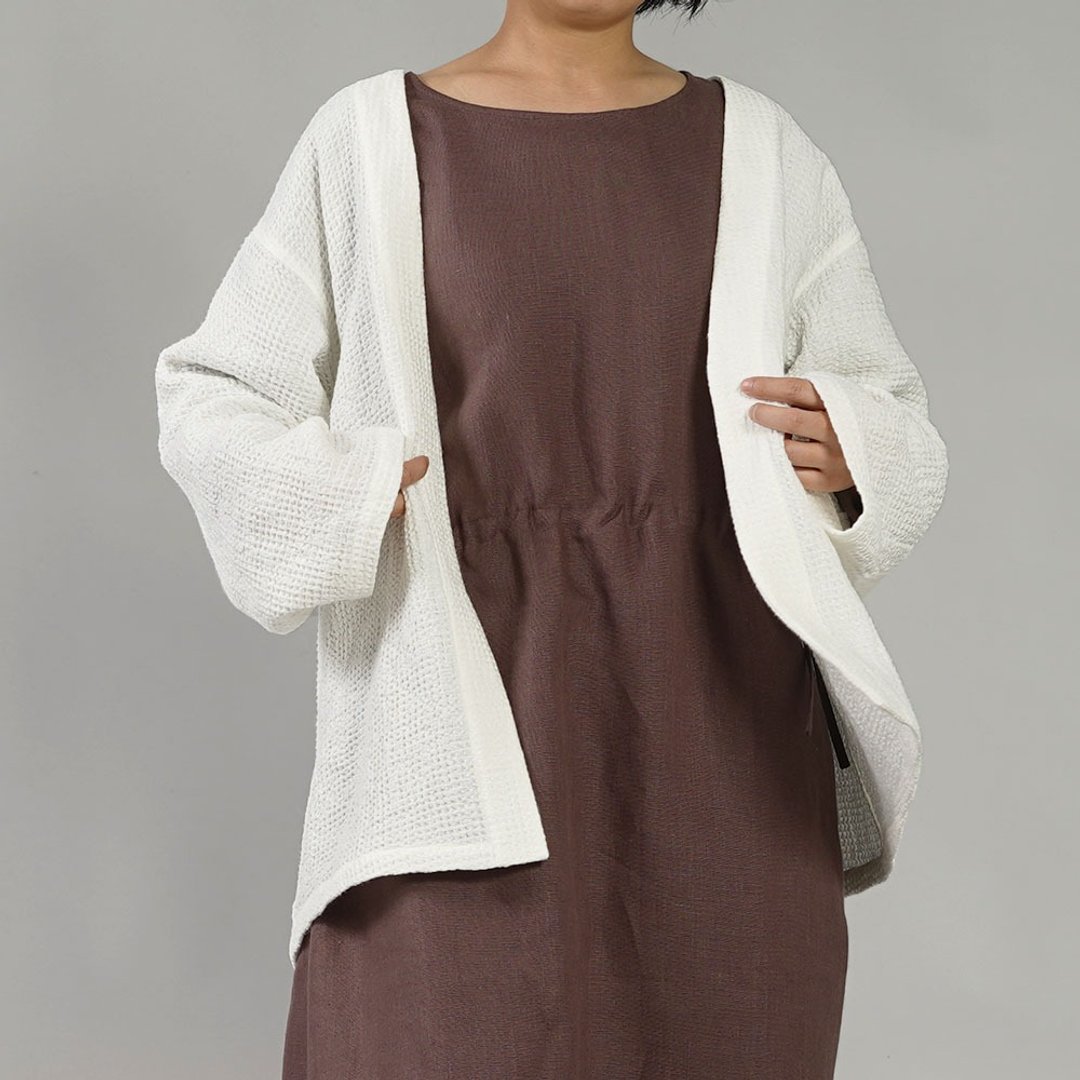 wafu --Waffle Linen Short Robe / White r013a-wht3 - 女装上衣 - 亚麻 白色