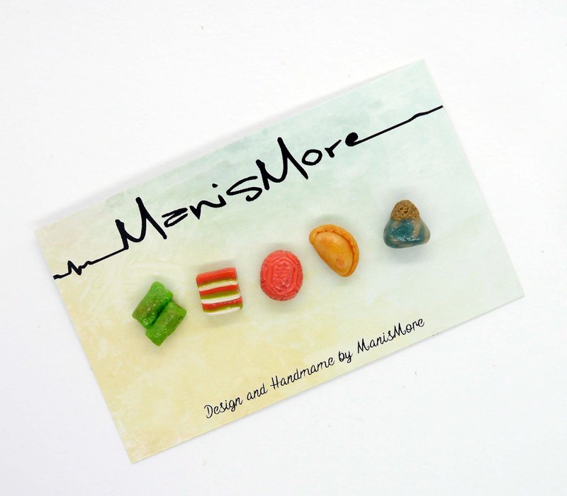 马来西亚娘惹糕点系列－5件组 可改夹式 - 耳环/耳夹 - 粘土 