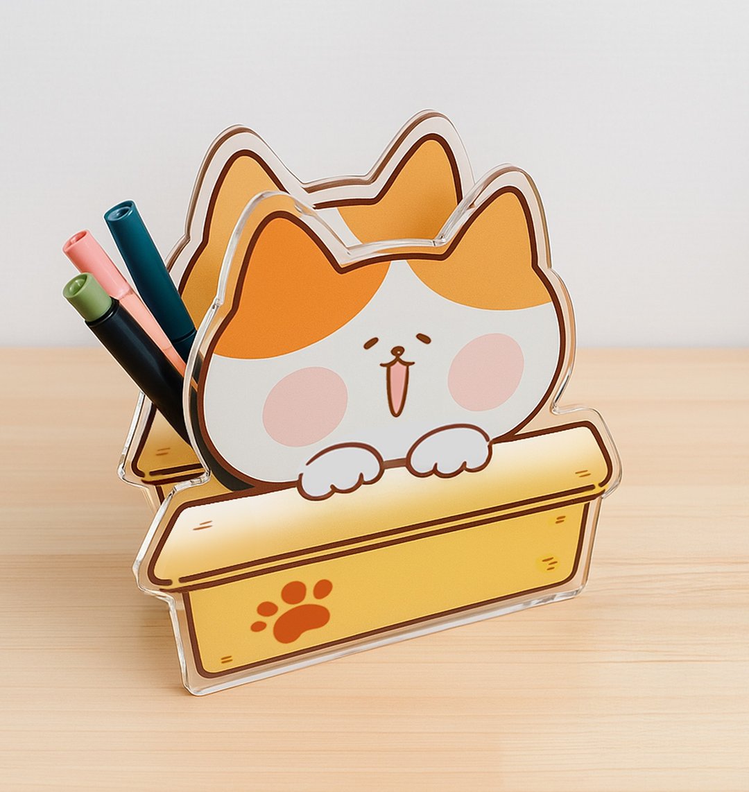求领养 - 猫造型压克力笔筒 双面文具收纳盒 - 笔筒/笔座 - 压克力 橘色