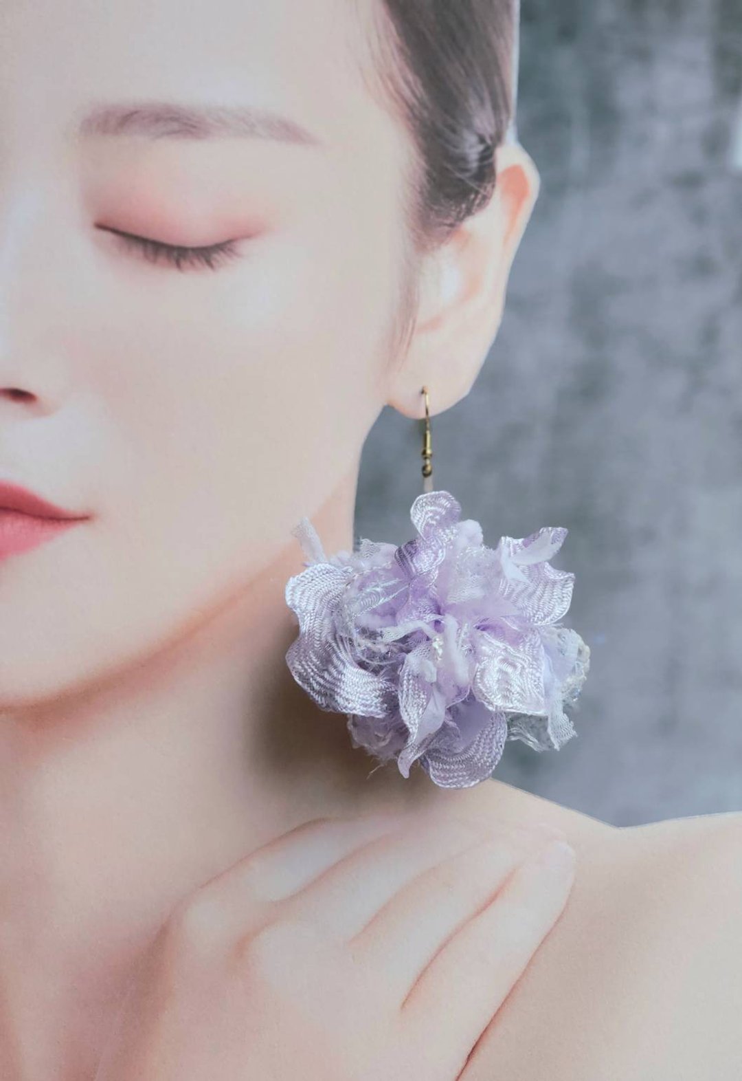 long hanging gauze ear ring cotton candy - 耳环/耳夹 - 其他人造纤维 紫色