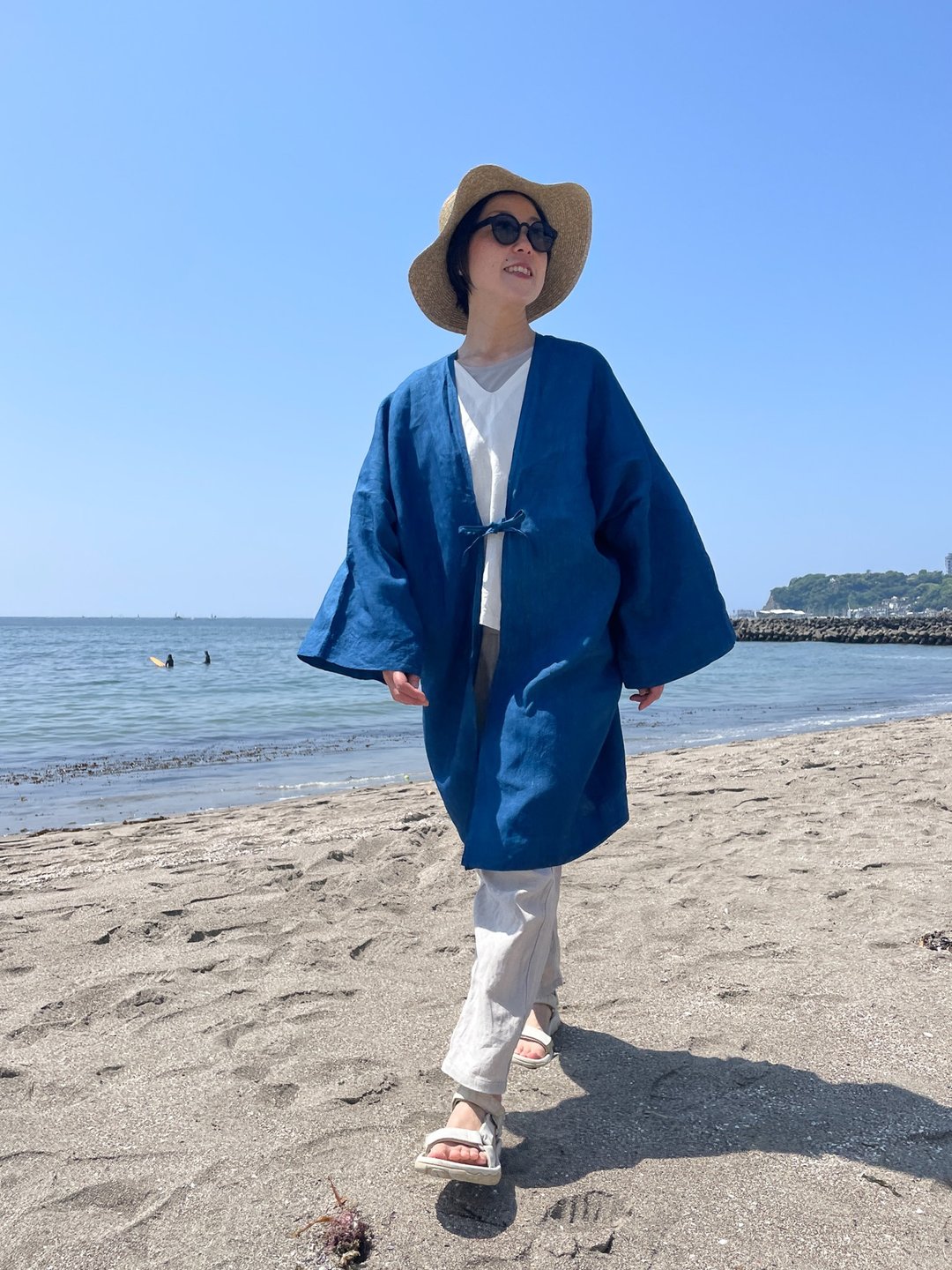 日本制 蓝染 上品意大利制亚麻罩衫式开襟外套 亚麻开襟外套 和服式罩衫 日本蓝 蓝染 - 中性连帽卫衣/T 恤 - 其他材质 蓝色