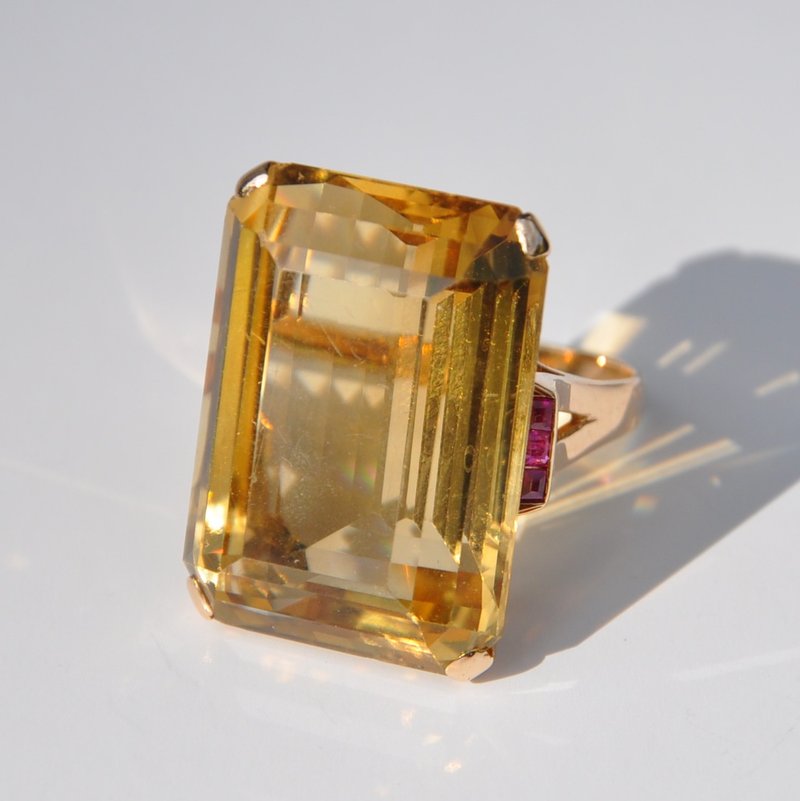 装饰主义时期黄水晶、红宝石鸡尾酒14k金戒, 约1940年代。 - 戒指 - 半宝石 橘色