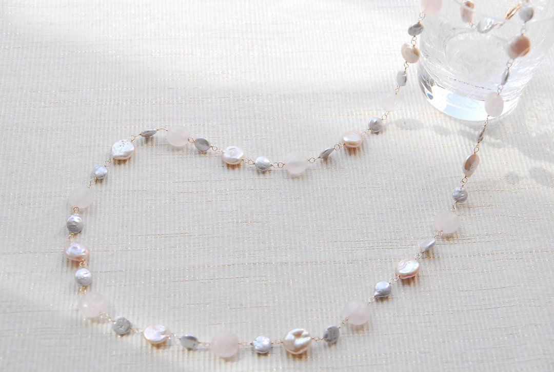 Cherry blossom Frosted rose quartz and 2 kinds of pearl necklace for spring 14kgf - 项链 - 半宝石 粉红色