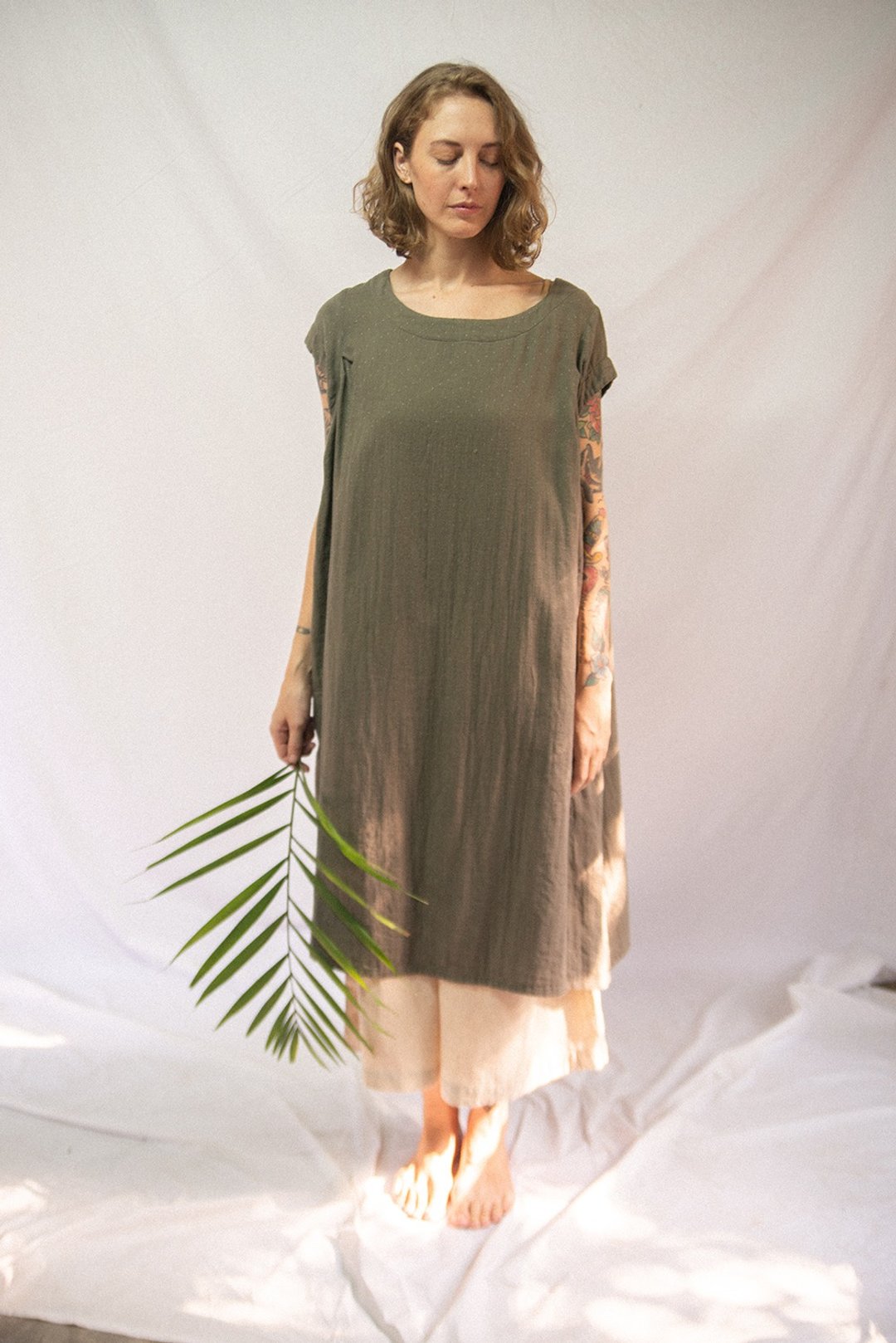 Pasar Comfy Dress |  Green Olive Color | Double Layers Cotton - 洋装/连衣裙 - 棉．麻 绿色
