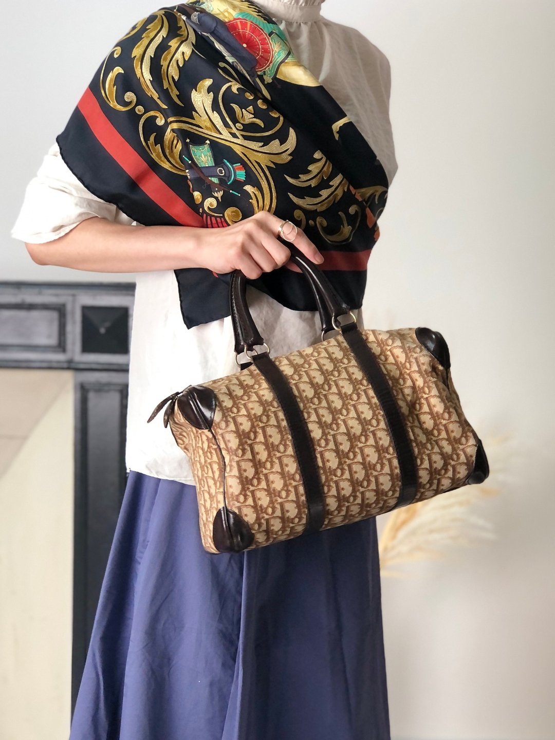 【日本直送 名牌中古包】Christian Dior Trotter 手提包 棕色缇花 迷你波士顿包 边角皮革制 Old 5nm2fz - 手提包/手提袋 - 棉 咖啡色
