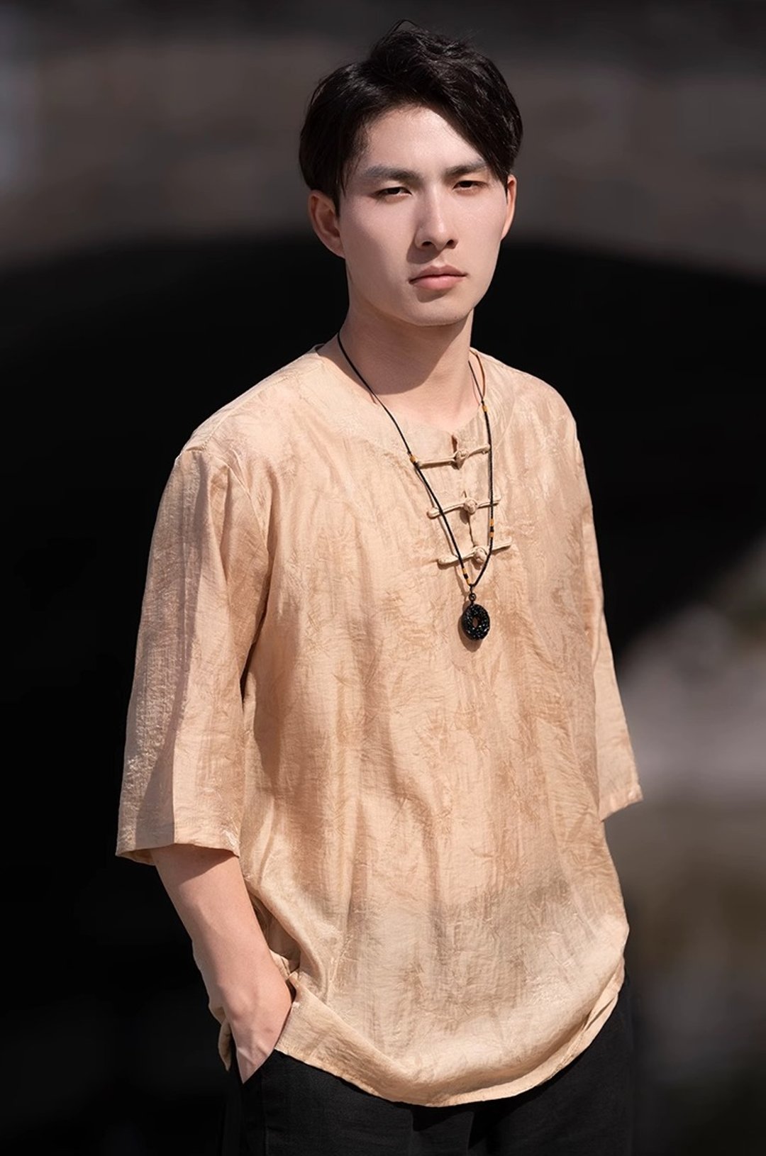 新中式复古 极简盘扣短袖T恤 - 男装上衣/T 恤 - 其他材质 黄色