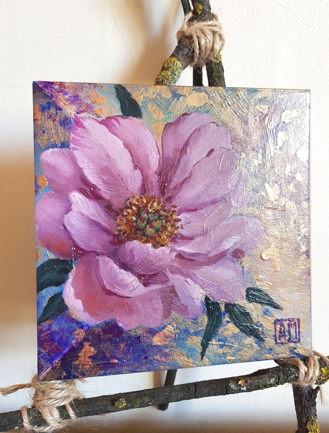 Small original cute Peony flower artwork hand painted Oil painting on Cardboard - 墙贴/壁贴 - 其他材质 