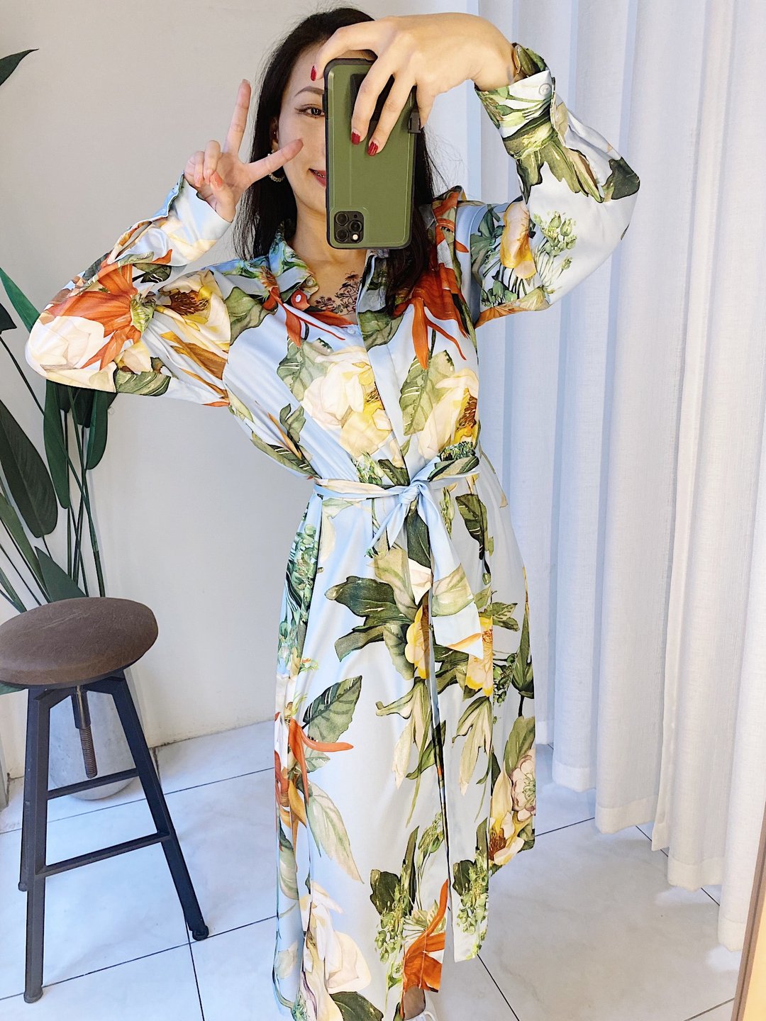 水蓝墨色花卉绑带亮面 古着滑布洋装连衣裙连身裙 vintage dress - 洋装/连衣裙 - 聚酯纤维 蓝色