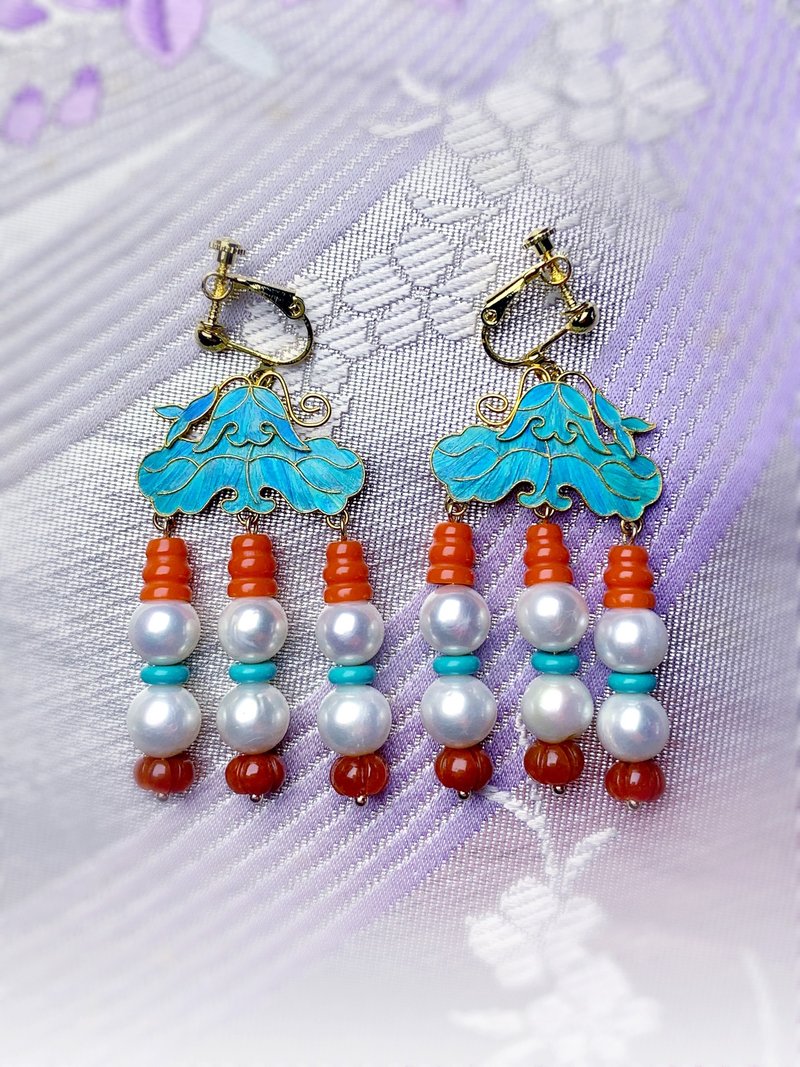 【手作孤品】故宫同款银镀金点翠工艺荷叶多宝耳夹 可改耳钩 - 耳环/耳夹 - 银 金色