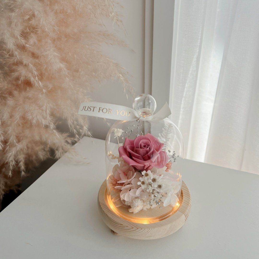 Journee莓果粉永生玫瑰玻璃罩小夜灯礼盒 七夕情人节花束 - 干燥花/捧花 - 植物．花 