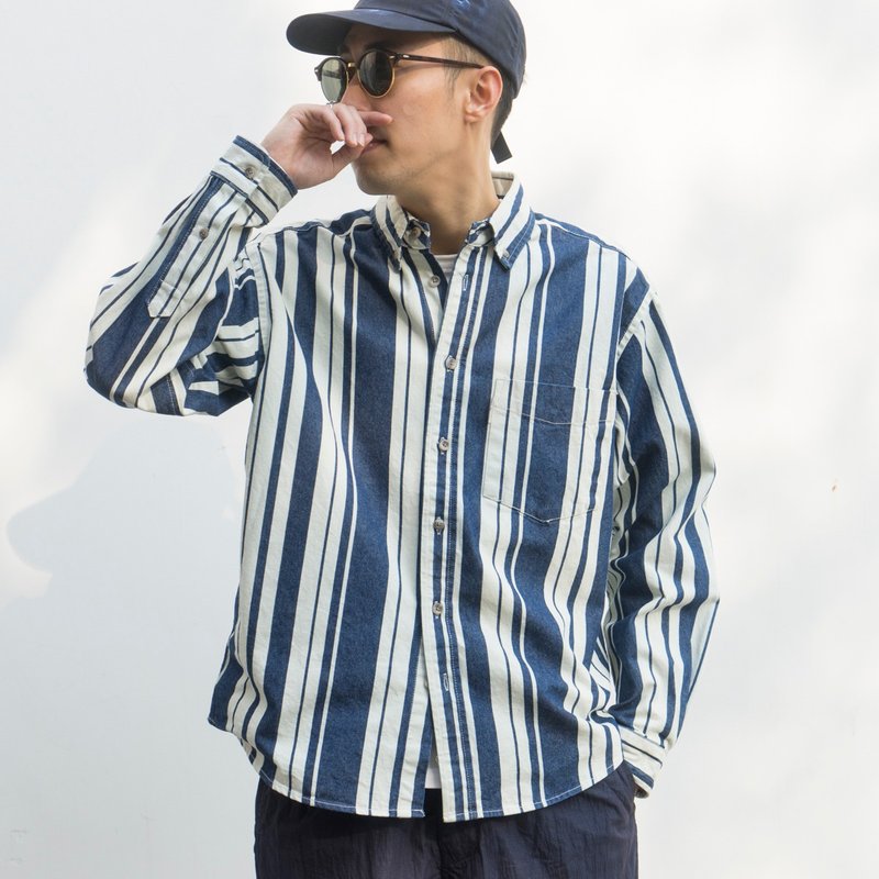 初春 日系条纹衬衫 蓝白配色日常通勤穿搭 - 男装衬衫 - 棉．麻 蓝色