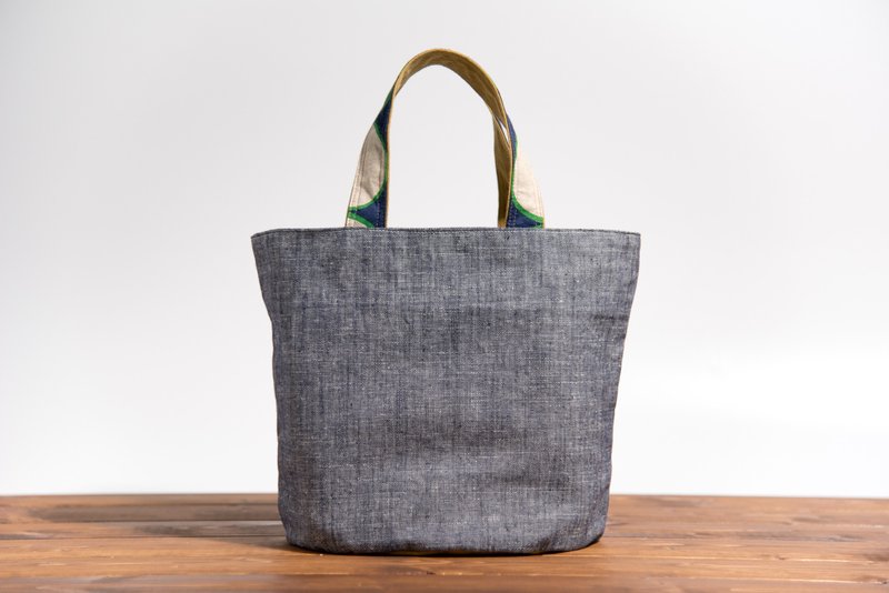 单宁色织棉麻手提包-蓝x土黄EH79 - 手提包/手提袋 - 棉．麻 蓝色