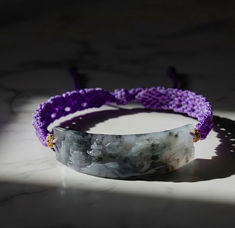 冰乌鸡翡翠山水牌编织手链 | 天然缅甸玉翡翠A货 | 送礼 - 手链/手环 - 玉石 黑色