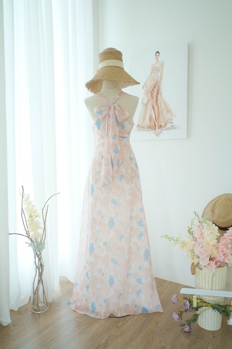 荷叶边印花洋装 米色 新娘伴娘服 晚宴洋装 - 洋装/连衣裙 - 聚酯纤维 卡其色