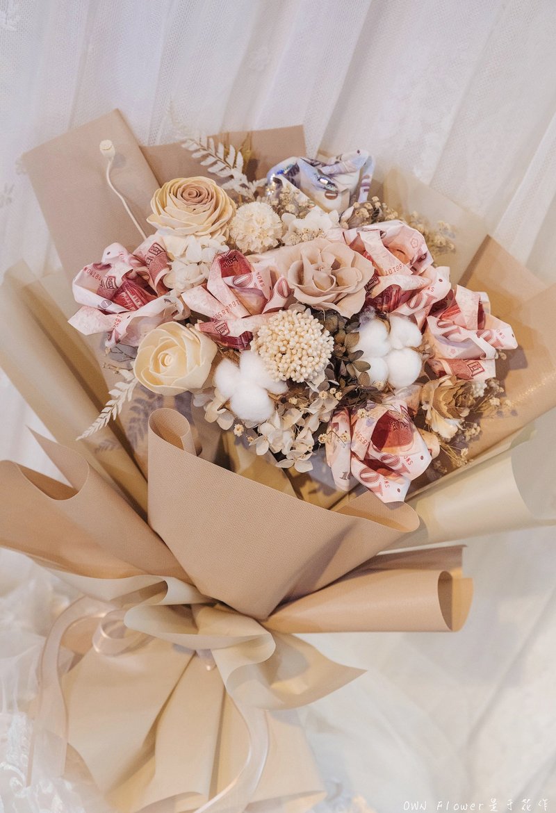 钞票花束/钞票玫瑰花束/有钱花花束/纸钞花束/钱花花束/生日礼物 - 干燥花/捧花 - 植物．花 卡其色