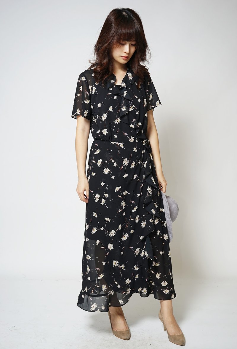 MIT 花花雪纺2way长洋装(R5069E) - 洋装/连衣裙 - 聚酯纤维 黑色