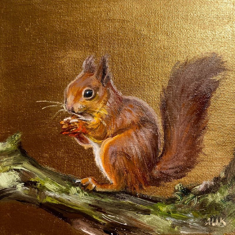 Small Painting Original Oil On Canvas Animal Painting Squirrel Artwork 动物画 小油画 - 墙贴/壁贴 - 棉．麻 金色