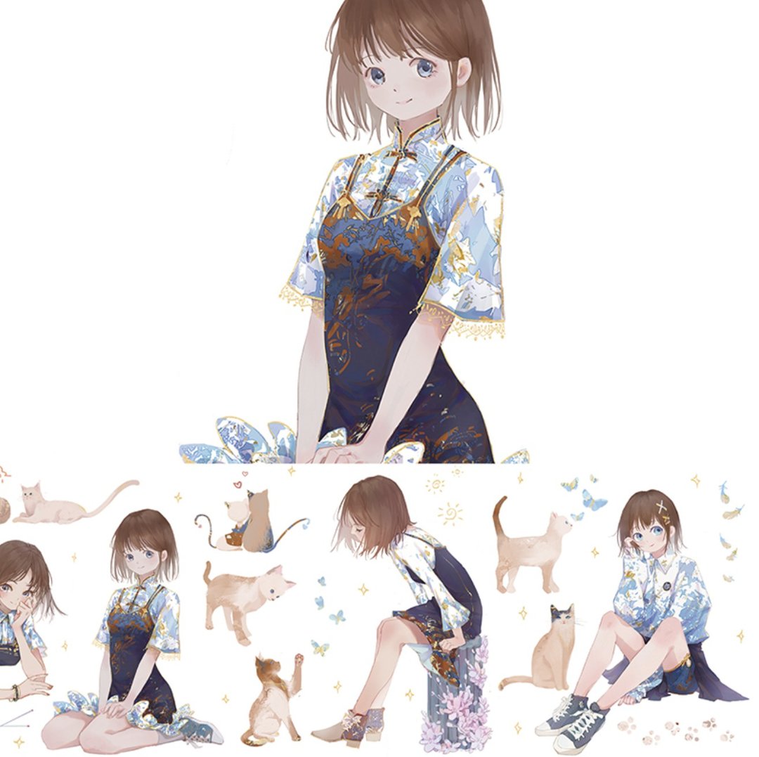 猫与少女 PET 纸胶带 素材拼貼 - 纸胶带 - 纸 蓝色