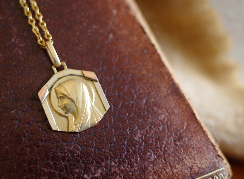 古董法国金色ORIA百年老牌圣母三色坠子项链 N844 - 项链 - 其他金属 金色