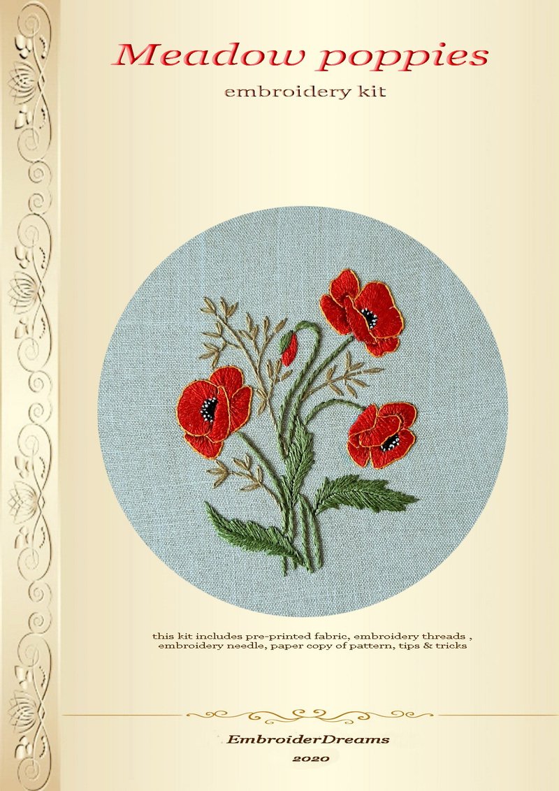 手工刺繡套件 Poppy hand embroidery kit. - 编织/刺绣/羊毛毡/裁缝 - 绣线 红色
