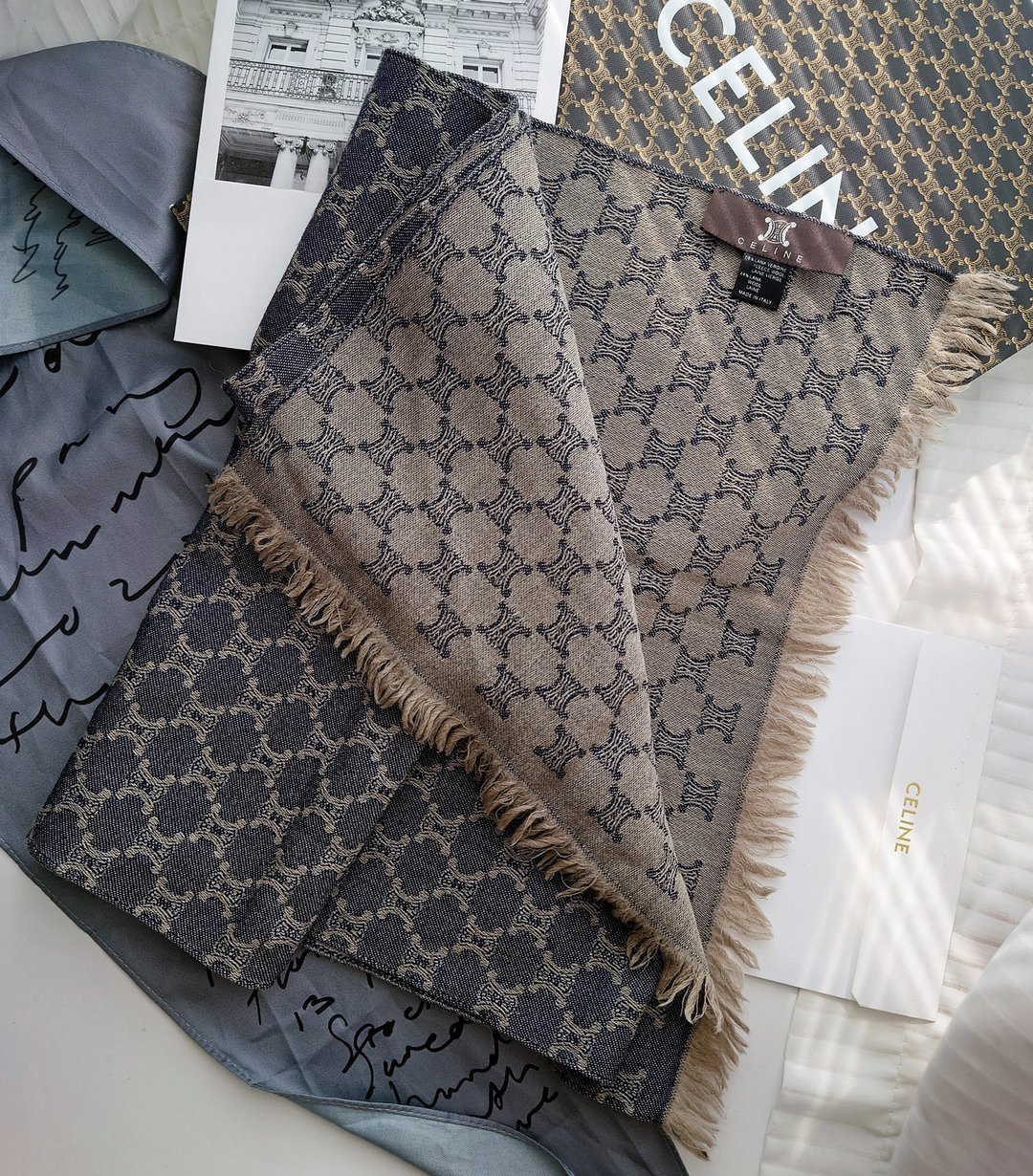 中古孤品 CELINE 老花凯旋门 羊毛 毛毯盖毯颈巾围巾领巾围脖披肩 - 围巾/披肩 - 羊毛 蓝色