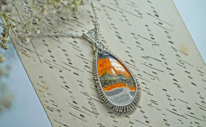 纯手工银绕线宝石吊坠项链 大黄蜂石仅此一颗 - 项链 - 纯银 多色