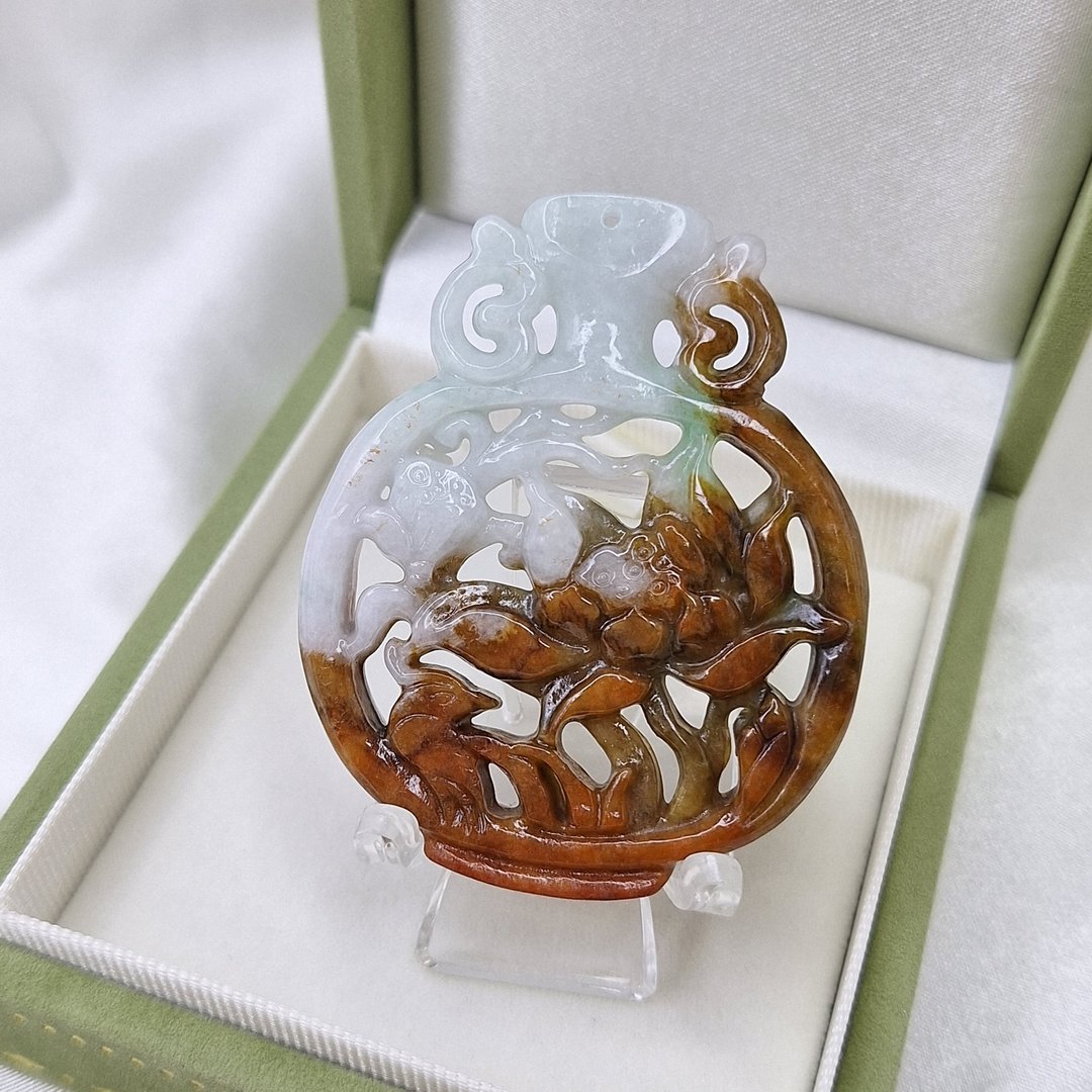 镂空 加温红翡 莲花花瓶 项链 | 天然缅甸玉A货翡翠 - 项链 - 玉石 