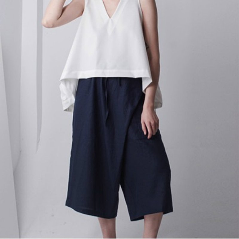 藏蓝特别版 带一条裤子去火星 重磅抽绳中性亚麻阔腿裤 - 男士长裤 - 棉．麻 蓝色