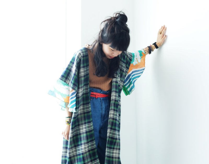 翅膀嗒嗒 / 花袖 长罩衫-稿纸小格子 - 女装休闲/机能外套 - 羊毛 绿色