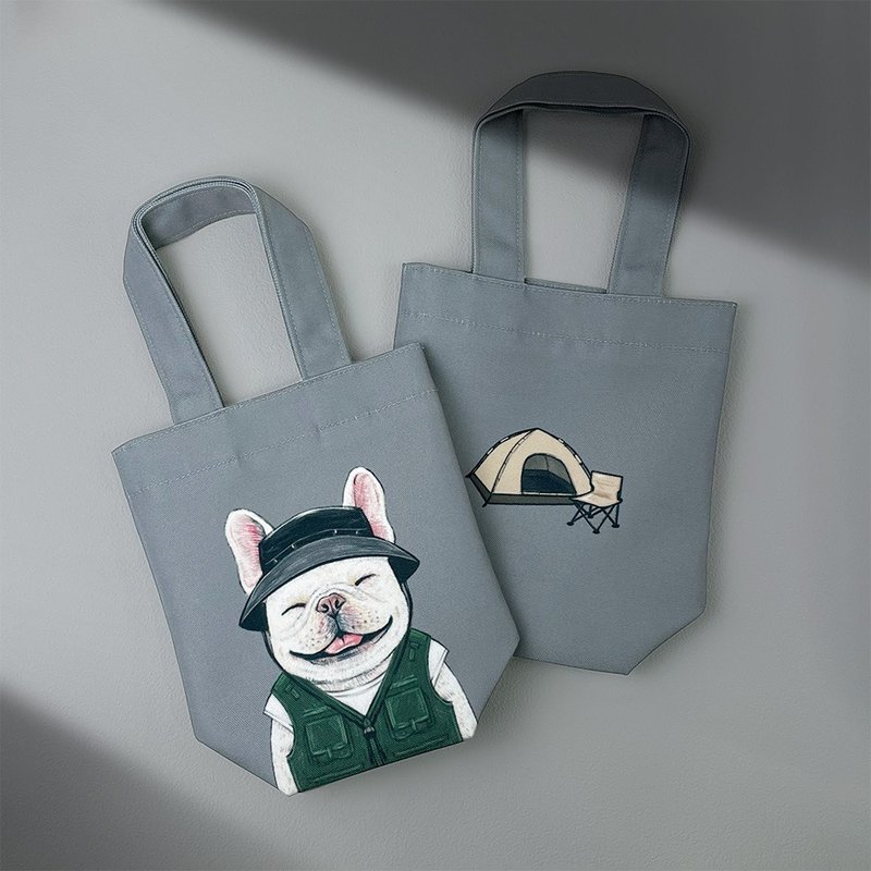 法斗露营_动物插画/防泼水饮料袋/万用环保袋/保温瓶袋/雨/ - 手提包/手提袋 - 防水材质 灰色