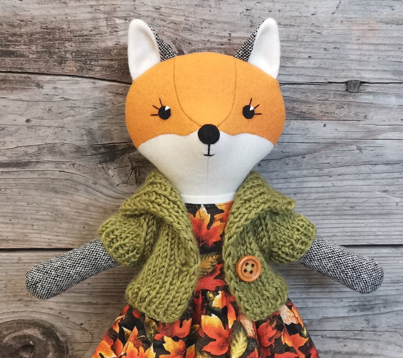 橙色狐狸女孩，手工毛绒娃娃，纺织毛绒狐狸 - 玩偶/公仔 - 羊毛 橘色