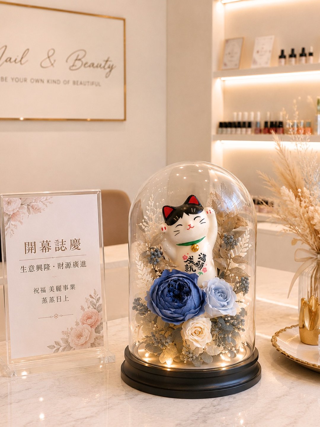 招财猫永生花玻璃罩 一拍即亮小夜灯开幕入厝礼物 - 摆饰 - 玻璃 蓝色
