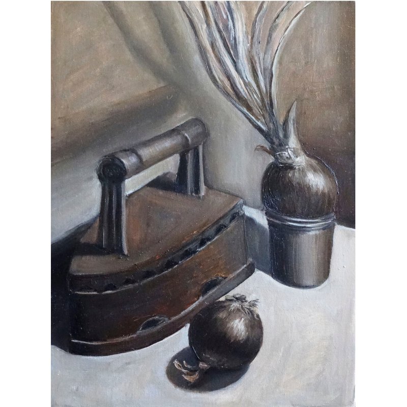 Onion Painting Oil Kitchen Original Art Food Artwork Still Life Canvas Art - 海报/装饰画/版画 - 其他材质 灰色
