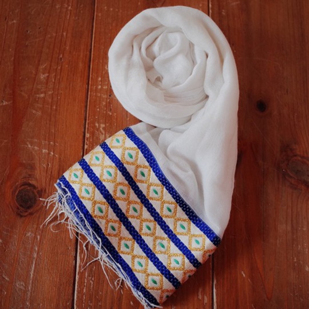 Ethiopian handwoven cotton scarf/blue yellow - 其他 - 棉 