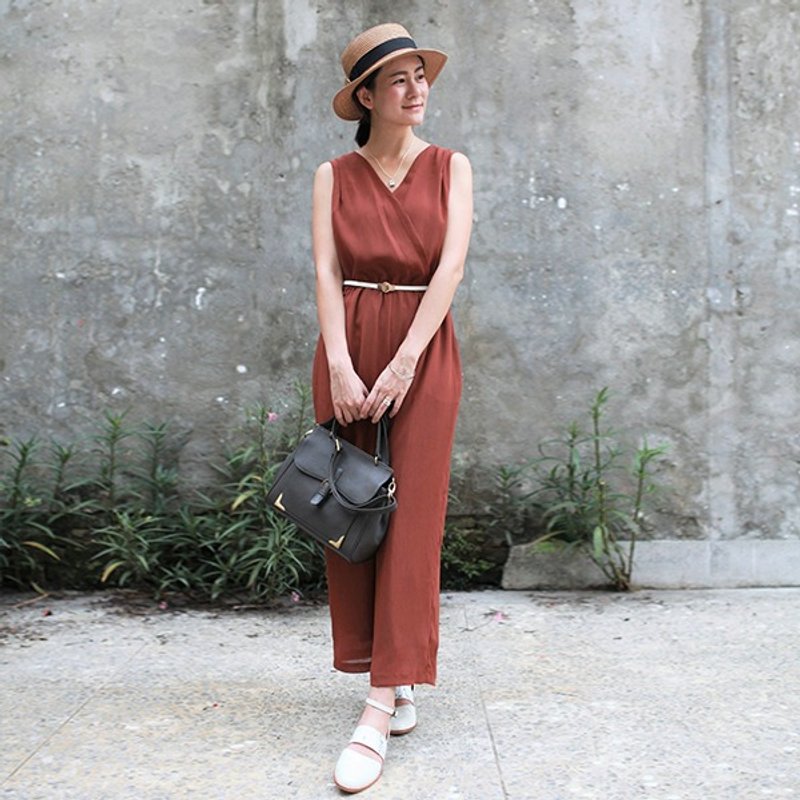 GT太妃糖色交叉绑带连身宽裤 - 背带裤/连体裤 - 聚酯纤维 咖啡色