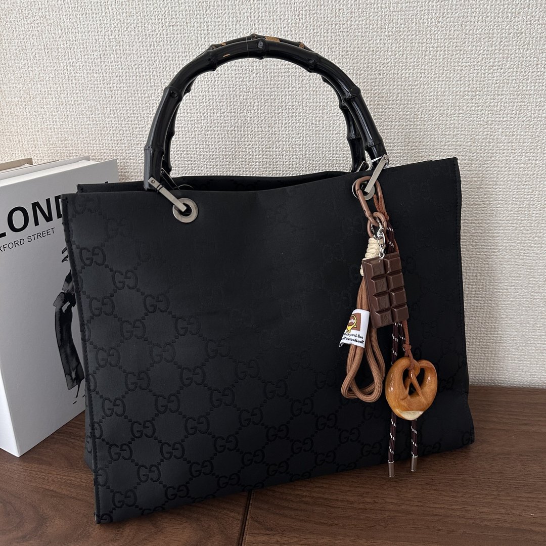 GUCCI 古驰 GG图纹 竹节托特包 手提包 可肩背 A4收纳 - 手提包/手提袋 - 棉．麻 黑色