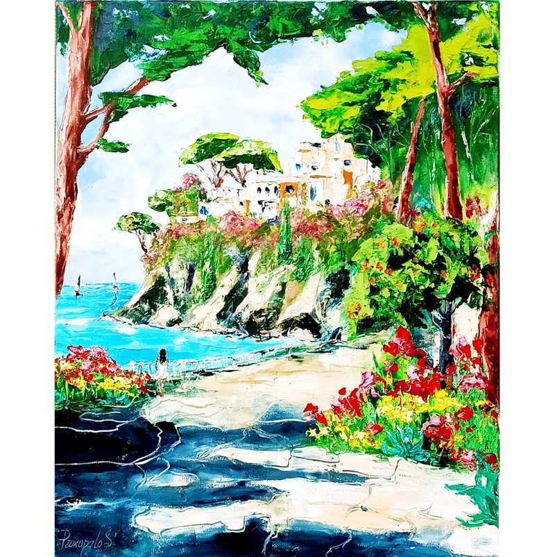 意大利画作 阿玛菲海岸 油画：意大利海景艺术 16x20 意大利 - 墙贴/壁贴 - 其他材质 黄色