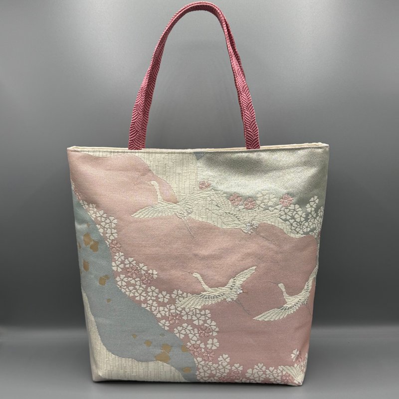 和服 腰带 腰带绳 手工 托特包 改造 银色 粉色 鹤 - 手提包/手提袋 - 丝．绢 银色