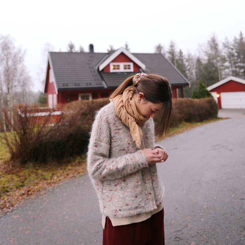 宇宙星辰 羊毛马海毛混纺花色长袖口袋v领针织开衫外套 - 女装针织衫/毛衣 - 羊毛 