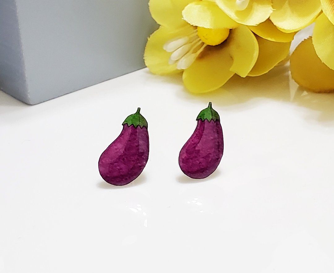 Eggplants 紫的发亮的圆茄子 耳环 耳夹 - 食物系列 - 耳环/耳夹 - 塑料 紫色