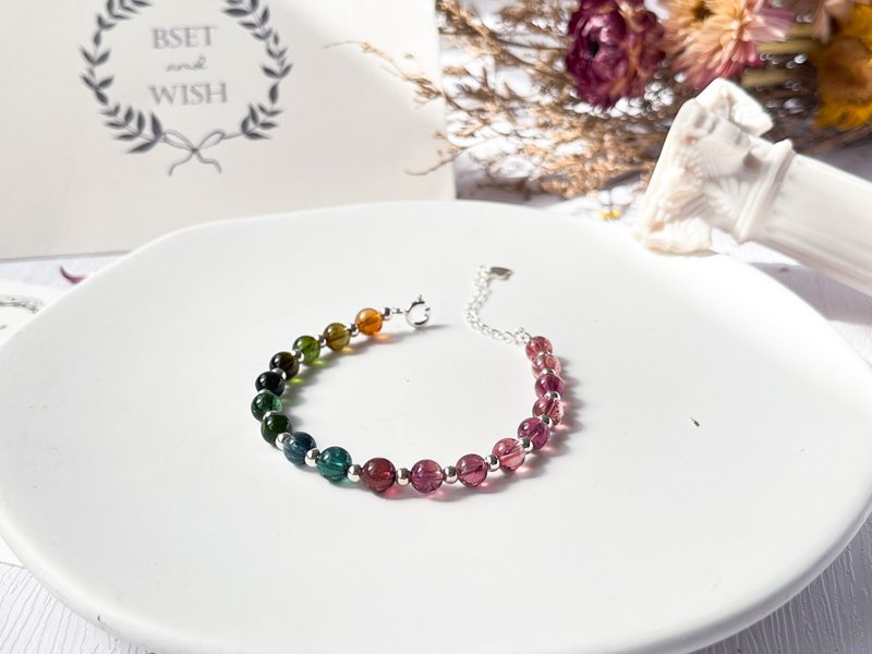 【彩虹】高品冰透老矿碧玺/电气石 S925纯银DIY设计手链 - 手链/手环 - 水晶 多色