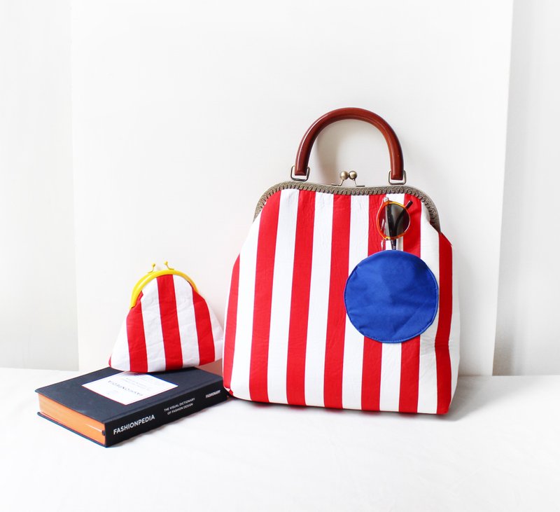 红白直条大口金提包(不含零钱包） - 手提包/手提袋 - 棉．麻 红色