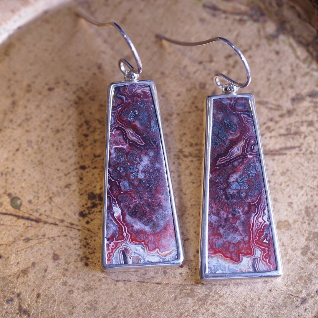 天然疯狂蕾丝玛瑙 手工纯银耳环 Crazy Lace Agate handmade - 耳环/耳夹 - 半宝石 红色