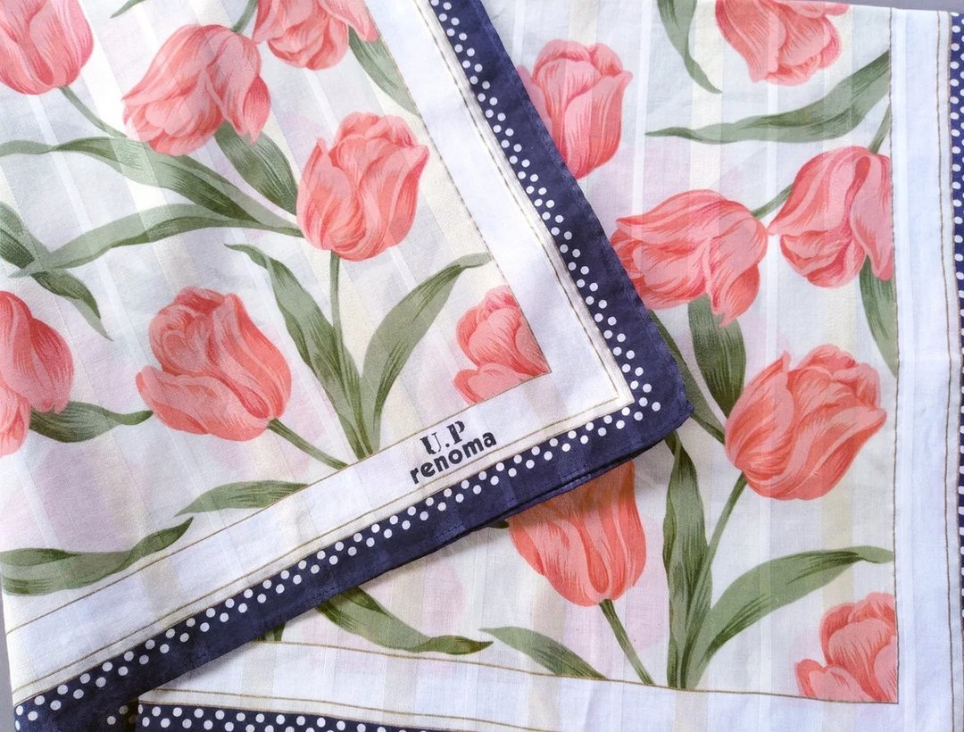 U.P renoma Vintage Handkerchief Women Handkerchief Tulips 23 x 22.5 - 手帕/方巾 - 棉 红色