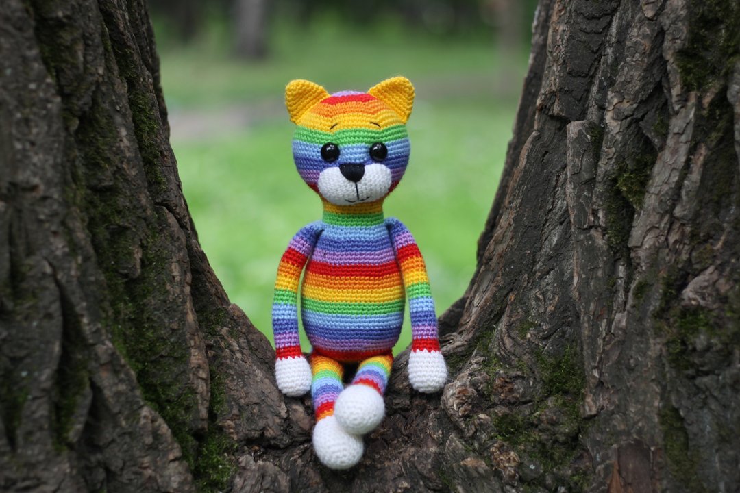Crochet cat Rainbow, Crochet cat, Stuffed toy, knitted cat, Big soft cat - 玩具/玩偶 - 羊毛 