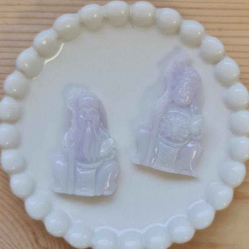 春带彩料土地公与土地婆 | 天然缅甸玉A货翡翠 - 吊饰 - 玉石 